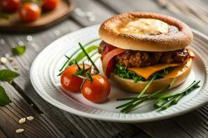 uma Hamburger com queijo e tomates em uma branco placa. gerado por IA foto