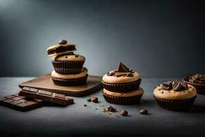 chocolate bolos de copo com amendoim manteiga geada em uma Sombrio fundo. gerado por IA foto