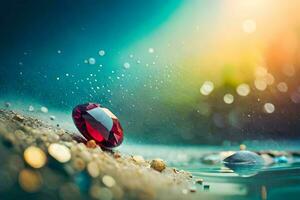 uma vermelho diamante em a de praia com água e pedras. gerado por IA foto