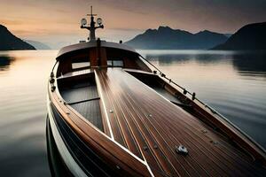 uma barco é ancorado dentro a água às pôr do sol. gerado por IA foto