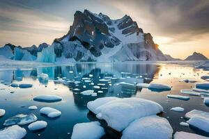 a Sol conjuntos sobre a iceberg dentro a ártico. gerado por IA foto