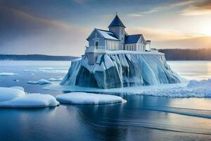 uma Igreja em a iceberg dentro a meio do a oceano. gerado por IA foto