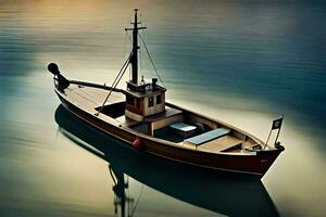 uma barco é flutuando dentro a água às pôr do sol. gerado por IA foto