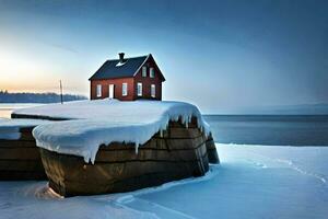 uma vermelho casa senta em topo do uma Nevado penhasco. gerado por IA foto