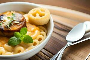 uma tigela do Macarrão e queijo com uma peça do eu no. gerado por IA foto