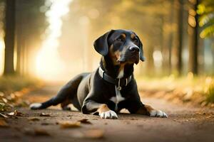 uma cachorro deitado em a terra dentro a madeiras. gerado por IA foto