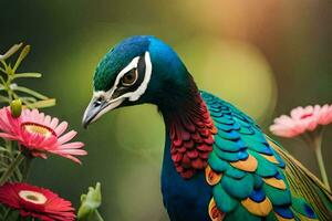 uma colorida pavão é em pé dentro frente do alguns flores gerado por IA foto