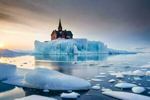 uma Igreja em a iceberg dentro a meio do a oceano. gerado por IA foto