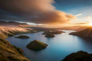 a Sol sobe sobre lago tekapo dentro Novo zelândia. gerado por IA foto