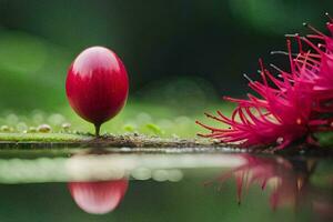 uma vermelho flor é sentado em a água. gerado por IA foto