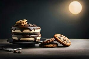 uma chocolate bolo com biscoitos e creme em uma Sombrio fundo. gerado por IA foto