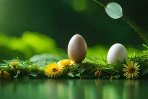 dois ovos estão sentado em uma verde fundo. gerado por IA foto