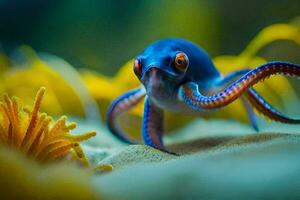 uma azul polvo com a laranja cabeça e grandes pernas. gerado por IA foto