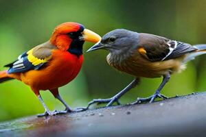 dois colorida pássaros em pé em uma de madeira borda. gerado por IA foto