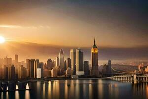 Novo Iorque cidade Horizonte às pôr do sol. gerado por IA foto