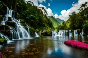 a cascata dentro a meio do uma rio com flores gerado por IA foto