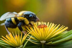 uma abelha é sentado em uma flor com amarelo e Preto listras. gerado por IA foto
