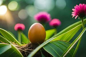 a ovo é sentado dentro uma ninho com Rosa flores gerado por IA foto