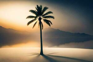 uma Palma árvore carrinhos sozinho em uma arenoso de praia às pôr do sol. gerado por IA foto