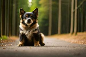 uma cachorro sentado em a estrada dentro a madeiras. gerado por IA foto
