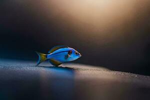 uma pequeno peixe é em pé em a de praia. gerado por IA foto