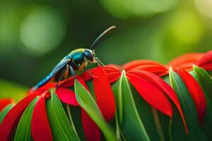 uma azul e verde inseto em uma vermelho flor. gerado por IA foto
