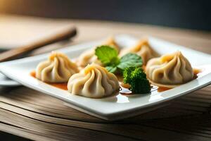 dumplings em uma prato com pauzinhos. gerado por IA foto