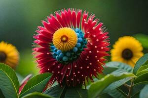 uma flor com uma azul Centro e vermelho pétalas. gerado por IA foto