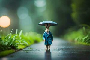 uma Coelho dentro uma azul casaco e azul guarda-chuva em pé em uma molhado estrada. gerado por IA foto