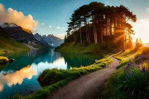 a Sol brilha em uma lago e montanhas. gerado por IA foto