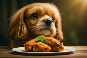 uma cachorro sentado em uma mesa com uma prato do Comida. gerado por IA foto