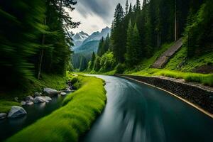 uma rio fluindo através uma floresta com montanhas dentro a fundo. gerado por IA foto