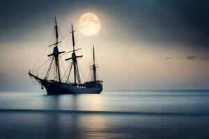 uma Navegando navio dentro a oceano com uma cheio lua. gerado por IA foto