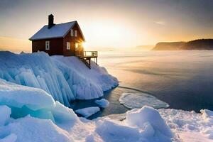 uma vermelho casa senta em topo do a gelo floe. gerado por IA foto