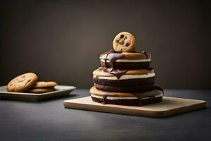 uma pilha do biscoitos e chocolate bolo em uma de madeira borda. gerado por IA foto