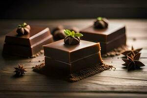 chocolate quadrados com especiarias e especiarias em uma de madeira mesa. gerado por IA foto