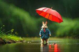 uma Coelho dentro uma terno e gravata segurando a guarda-chuva. gerado por IA foto