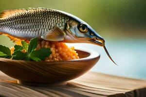 uma peixe é sentado em topo do uma tigela do arroz. gerado por IA foto