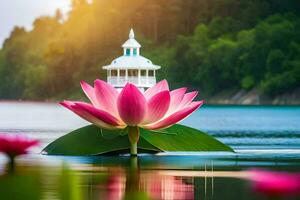 lótus flor dentro água com uma pagode dentro a fundo. gerado por IA foto