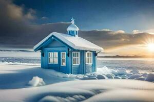 uma pequeno azul casa dentro a neve. gerado por IA foto