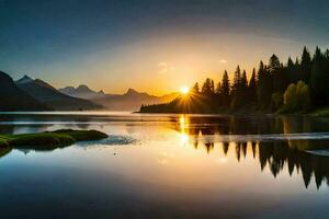 a Sol sobe sobre uma montanha lago e floresta. gerado por IA foto