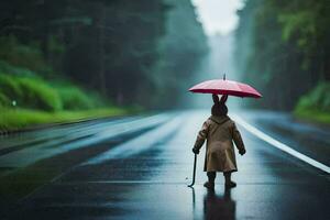 uma pessoa caminhando baixa uma estrada com a guarda-chuva. gerado por IA foto