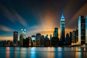 a Manhattan Horizonte às noite. gerado por IA foto