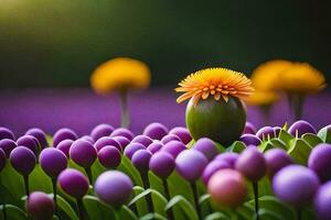 uma solteiro laranja tulipa dentro uma campo do roxa e amarelo flores gerado por IA foto