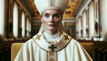 histórico momento jovem mulher eleito papa dentro católico regalia. generativo ai foto