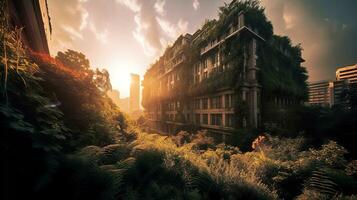 arranha-céus e exuberante vegetação uma harmonioso mistura do natureza e urbano arquitetura generativo ai foto