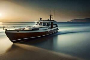 uma barco em a de praia às pôr do sol. gerado por IA foto
