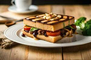 uma sanduíche com queijo, tomates e brócolis em uma branco placa. gerado por IA foto