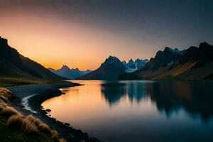 uma lago e montanhas às pôr do sol. gerado por IA foto