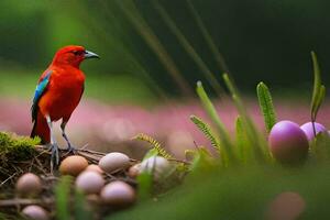 uma vermelho pássaro é em pé em topo do alguns ovos. gerado por IA foto